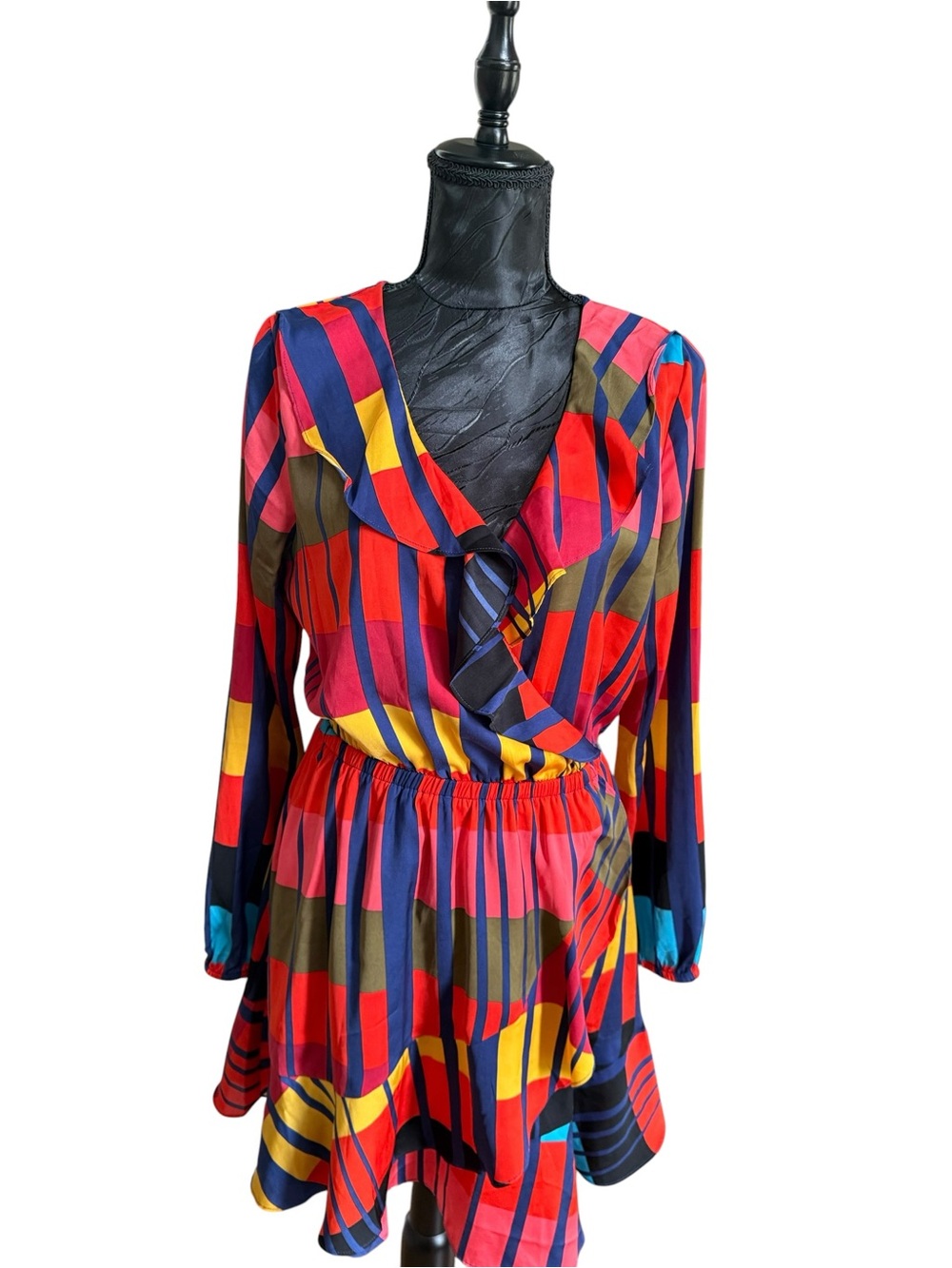 Express Multicolor Geometric Ruffle Wrap Mini Dress Medium - Picture 2 of 9